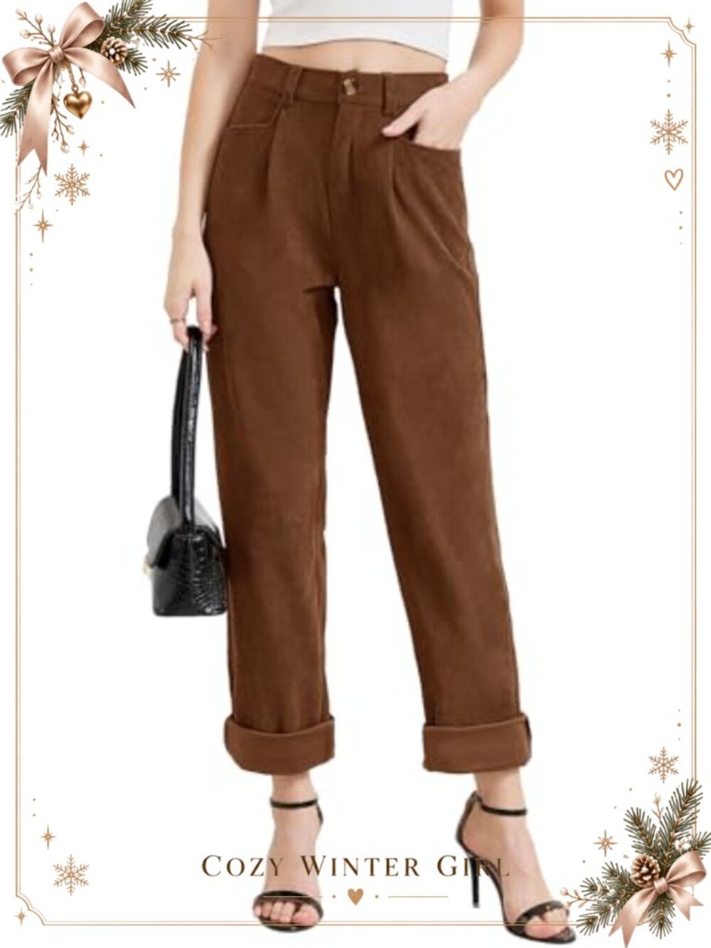Corduroy Pants Straight Leg High Waisted Stretch Trousers with Pockets